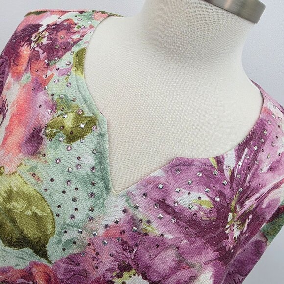 Womens Knit Top XL Floral Embellished 3/4 Sleeve V-Neck Boho Fairy Whimsical - Picture 4 of 12